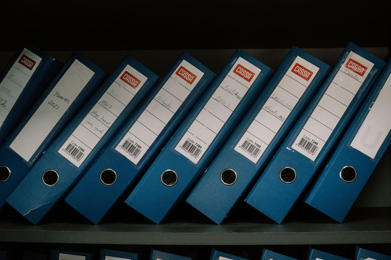 Rows of labeled binders on archive shelving